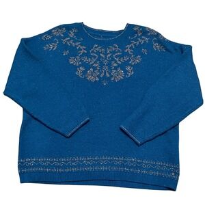 Fat Face Women 16 Blue Gold Metallic Sparkle Knit Floral Pullover Jumper Sweater